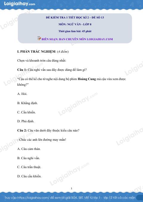 Đề kiểm tra 1 tiết Văn 8 - Đề số 13
